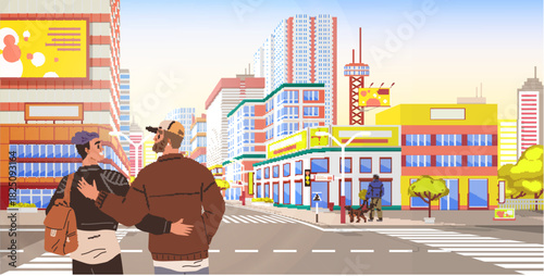 City exploration, friendship, urban lifestyle, travel scenes, social connections, downtown activity. Two people walk on a lively city street. City exploration and urban lifestyle