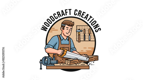 A cartoon carpenter saws wood at a workbench, with tools and a pegboard in the background