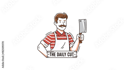 A cartoon butcher, with mustache, holds a cleaver. He wears an apron, and a striped shirt