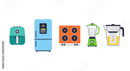 Essential kitchen appliances in modern minimalist design for culinary creations, food prep