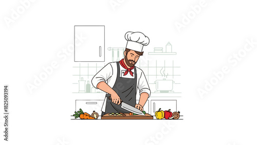Chef in a kitchen cutting vegetables on a wooden board. Cookware and ingredients