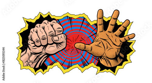 Dynamic hand gestures punch through portal, vector clash, vibrant graphic expression