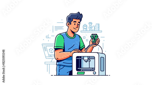 A smiling man examines a geometric object made with a 3D printer, next to a computer