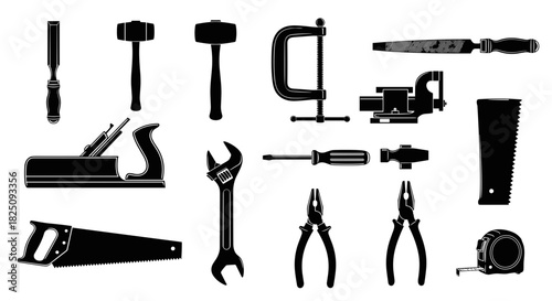 Essential carpentry tools for woodworking projects and DIY home repairs. Solid black set.