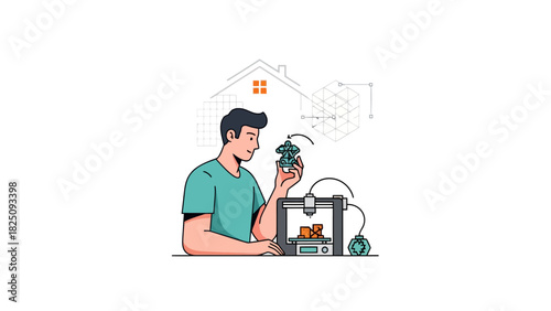 A man examines a 3D-printed object next to a printer with architectural drawings overhead