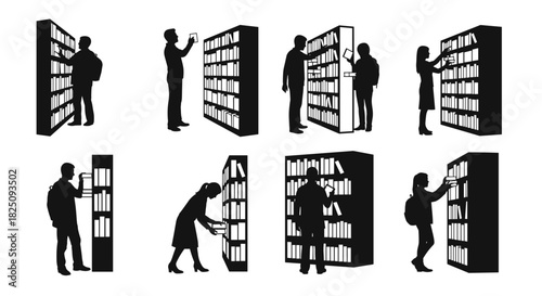 Silhouetted people browse through the library shelves finding the perfect books to read