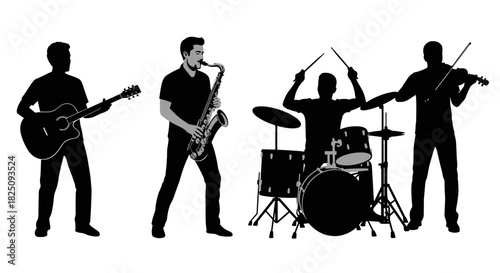Dynamic music band performing live concert silhouette, musicians playing instruments together