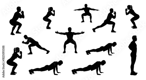 Dynamic silhouette fitness poses for workout routines, vector exercise diagrams, health