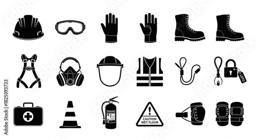 Essential work safety equipment icons for construction, industry or manufacturing sites
