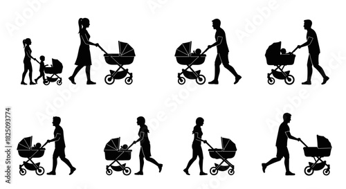 Family walking with baby strollers, parents enjoying time, modern parenting concept