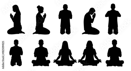 Diverse group praying and meditating in silhouette poses for spiritual community needs