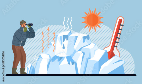 Climate change, environmental awareness, global warming, ice melting, rising temperatures, ecological crisis. Man observing a melting iceberg with binoculars, sun and thermometer. Climate change
