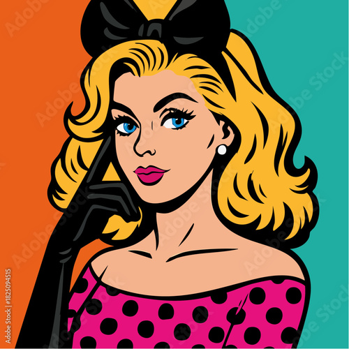 wistful retro femme in polka-dot off-shoulder, bow-tied muse with dual-tone pop backdrop