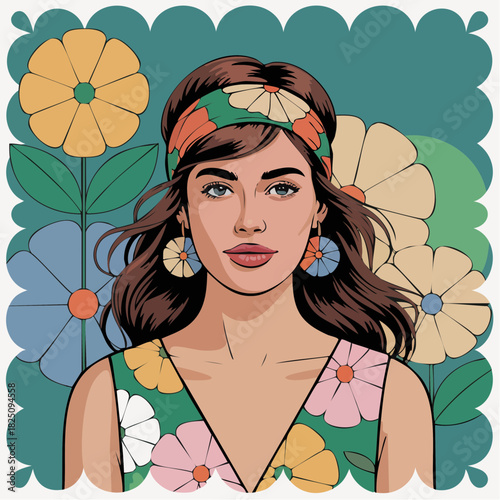 pensive pinup in polka-dot off-shoulder, bow-crowned muse against split orange teal pop-field