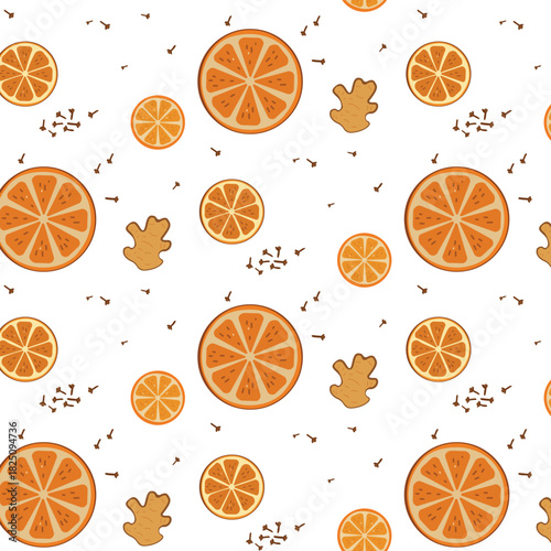 Seamless pattern of orange slices and carnations for decoration.