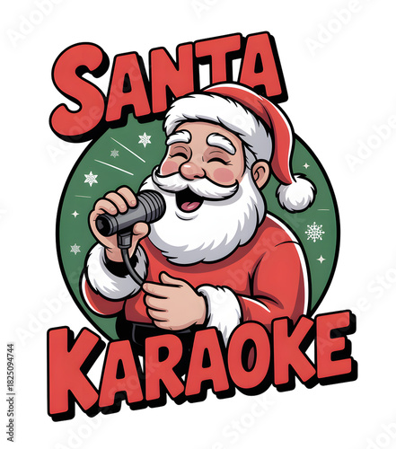 Red cartoon Santa Claus singing karaoke, with typography on a festive green background, an isolated PNG element. Ideal for Christmas designs, holiday branding, digital art, and humorous t-shirts.