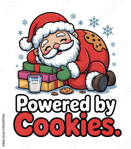 Red cartoon Santa Claus sleeping happily with milk, cookies, and presents, snowflakes, isolated PNG for Christmas designs, holiday branding, and festive craft projects.