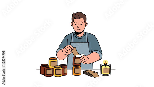 A smiling person in apron carefully puts the label on the candle jar. There is a lit candle near it