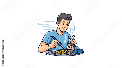 A cartoon shows a man soldering a circuit board with a smiling face