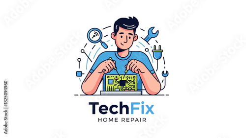 A cartoon illustration of a repairman working on a circuit board, with tools scattered around