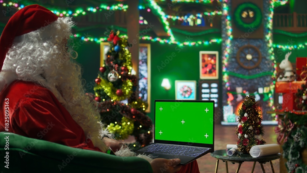 Fototapeta premium Santa Claus making list of kids who has been naughty or nice on green screen laptop. Person preparing travel plans on chroma key notebook before visiting children, camera A