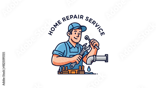 A cartoon-style depiction of a plumber, holding tools near a pipe, with text above