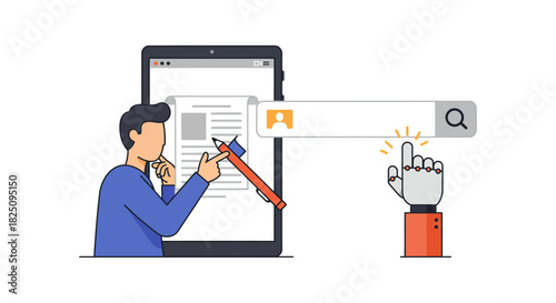 ai automation analyzing content for search with robotic assistance in digital interface illustrating efficiency technology for business marketing