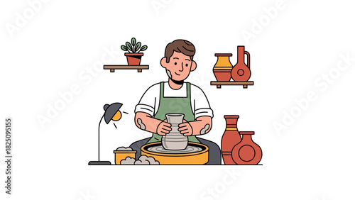 A cartoon illustration of a potter at work, surrounded by pottery, a lamp, and plant