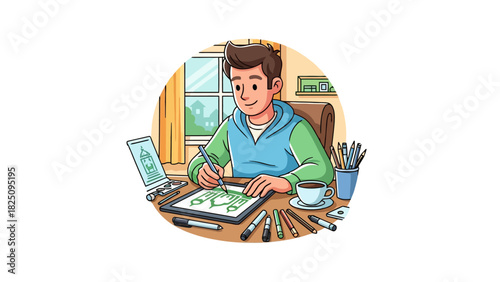 A smiling man draws on a tablet at a desk, surrounded by tools and a coffee cup