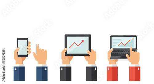 business growth analysis on digital devices showing upward trend in mobile tablet laptop interface for financial success data tracking progress