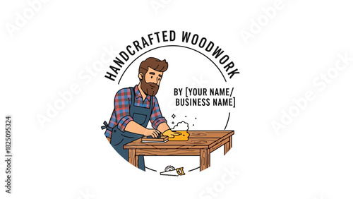 A cartoon woodworker using tools with text surrounding the image