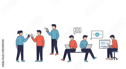 Business team collaboration using digital devices for teamwork  communication illustrating modern workplace connectivity  data sharing.