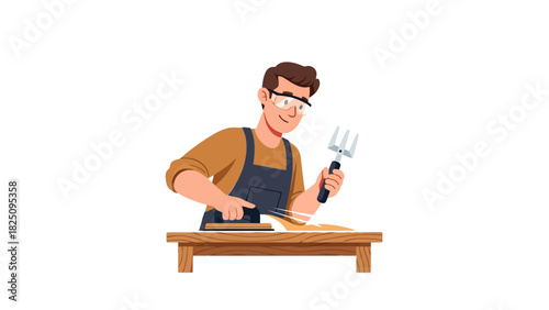 A carpenter, wearing safety glasses and apron, uses a tool on a wooden plank on a workbench