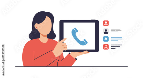 Businesswoman presenting call center app on tablet showcasing customer service solutions for corporate communication and client relationship management