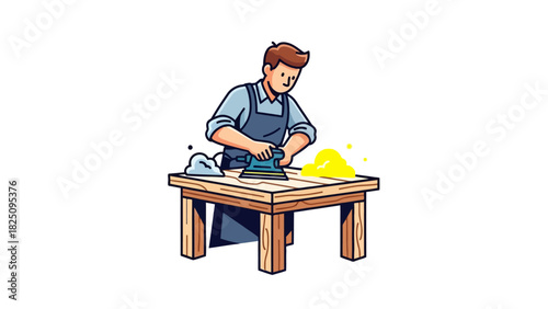 A cartoon carpenter in an apron sanding a wooden table with a sander, dust visible