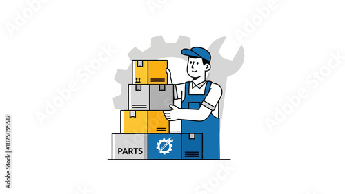 A cartoon mechanic with a cap and overalls, holding boxes of parts, near a gear and a wrench