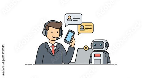 customer service chatbot with agent assistance using ai with a smiling call center employee in front of a computer illustrating tech support