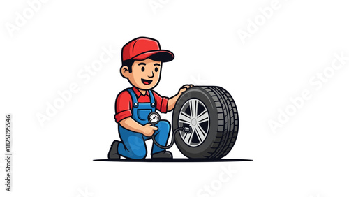 A cartoon mechanic kneels, checking tire pressure with a gauge. A tire is shown to his right