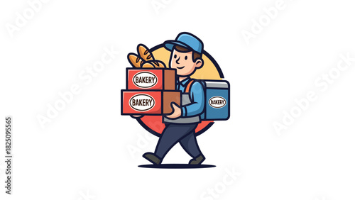 A cartoon delivery person carries boxes of baked goods. A cooler and bread are also present