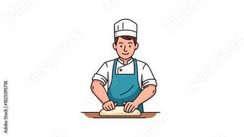 A cartoon baker kneads dough, wearing a chef's hat, apron, and work shirt. The scene is set on a table