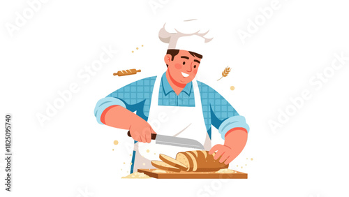 Illustration of a baker slicing bread. The baker wears a white apron and chef hat. Wheat decorates