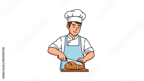 A smiling chef, wearing a toque and apron, slices bread on a wooden board