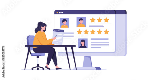 evaluating online reviews woman analyzing customer feedback on computer taking notes for business strategy  marketing effectiveness insights