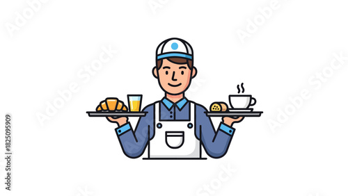 A cartoon waiter holding trays with breakfast items like a croissant, juice, coffee, and a roll