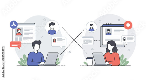 online collaboration man and woman connecting virtually working remotely on laptops sharing ideas and communicating through digital networks ideal for business