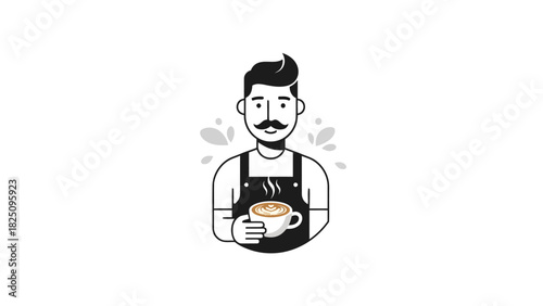 A barista illustration holding a cup of coffee, set against a white background. Simple and stylized