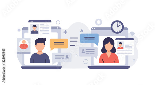 Online communication between two professionals facilitating remote collaboration and virtual meetings through digital platforms enhancing productivity and teamwork