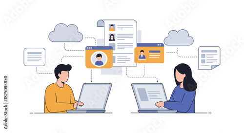 online collaboration two professionals using laptops for data sharing and file management in cloud showcasing digital transformation and teamwork