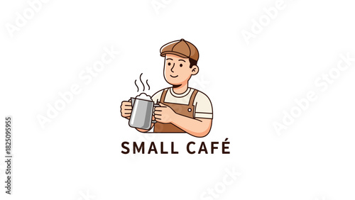 A cartoon of a barista holding a steaming coffee pitcher, with text "SMALL CAF?" below
