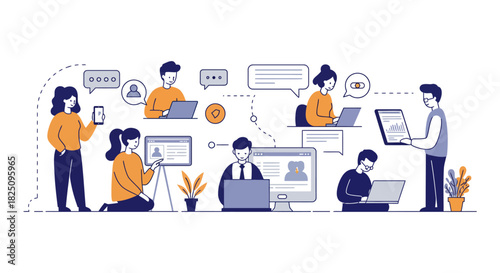 Online communication business team working remotely on laptops sharing ideas and video conferencing fostering teamwork and digital collaboration